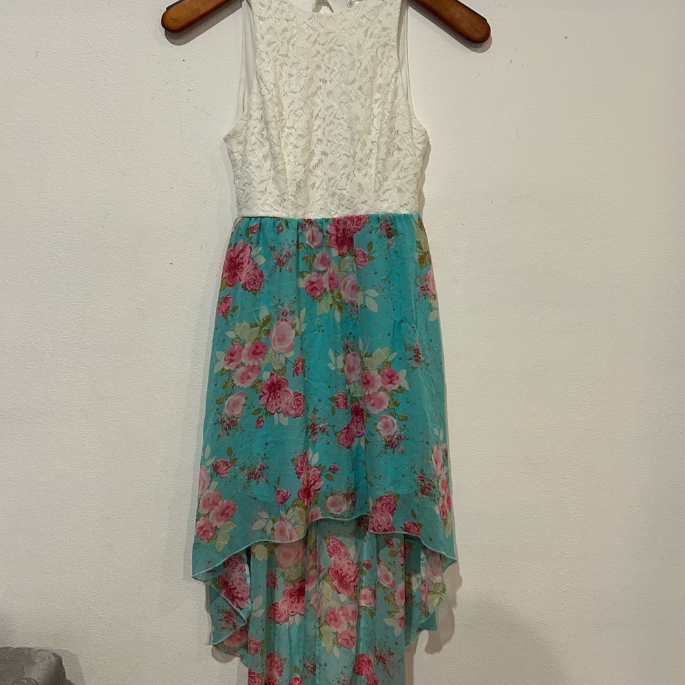 Emerald Sundae White Lace and Floral Blue Dress
